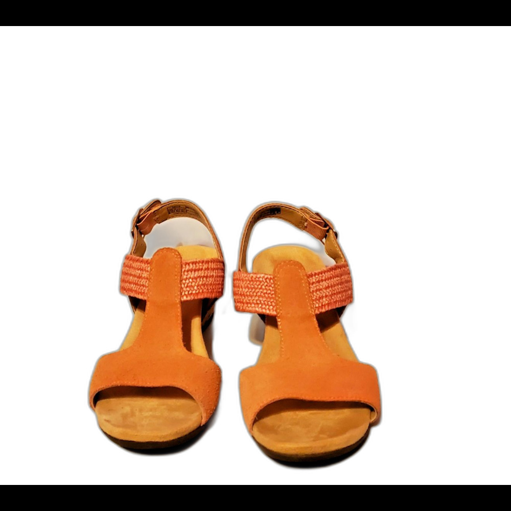 Vionic Kaytie Orange T-Strap Wedge Cork Heel Sandals Suede Jute Upper Size 6.5